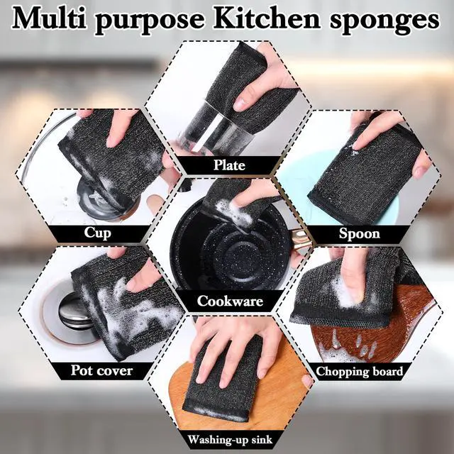 Alt view image 6 of 7 - 6 Pack Steel Wool Scrubber Sponges, Heavy Duty Stainless Steel Scouring Pads Reusable Non Scratch Metal Sponges Hand-Friendly Kitchen Cleaning Tool for Pots and Pans Tough Grease & Grime (Black)