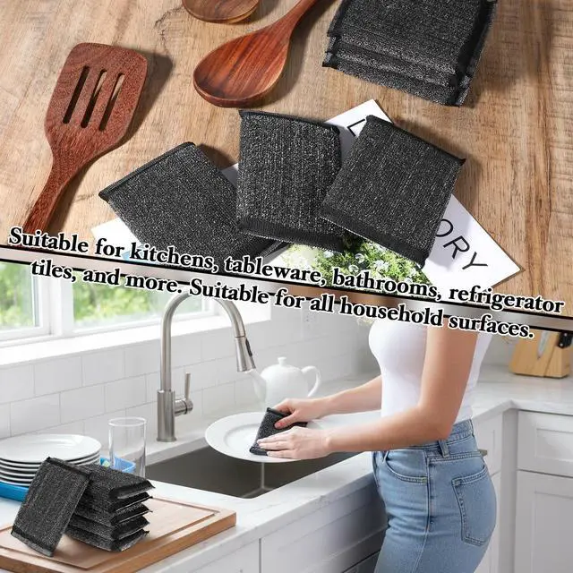 Alt view image 7 of 7 - 6 Pack Steel Wool Scrubber Sponges, Heavy Duty Stainless Steel Scouring Pads Reusable Non Scratch Metal Sponges Hand-Friendly Kitchen Cleaning Tool for Pots and Pans Tough Grease & Grime (Black)