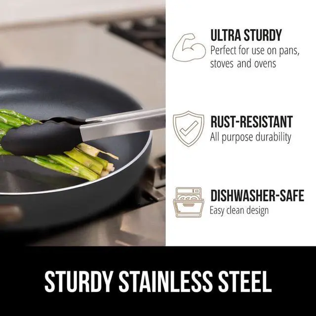 Alt view image 5 of 7 - Stainless Steel BPA-Free Kitchen Tongs for Cooking, 9+12 Inch, Heat Resistant BBQ Tong Set of 2, Non Scratch Silicone Tip for Pan, Strong Grip, Grab Food, Toss Salad, Pull Lock, Black