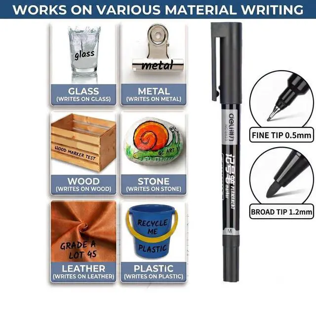 Alt view image 6 of 7 - 12 Count Black Dual Tip Waterproof Permanent Marker Pens Bulk