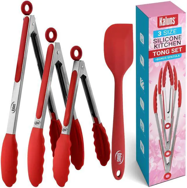 Main image of Kitchen Tongs for Cooking Grilling Set of 4, BBQ Grill Tongs With Silicone Tip Stainless Steel Heat Resistant, Non-stick Pull Lock, Incl 7, 9, 12 Inch Tong Plus a Silicone Spatula