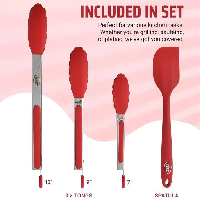 Alt view image 2 of 7 - Kitchen Tongs for Cooking Grilling Set of 4, BBQ Grill Tongs With Silicone Tip Stainless Steel Heat Resistant, Non-stick Pull Lock, Incl 7, 9, 12 Inch Tong Plus a Silicone Spatula