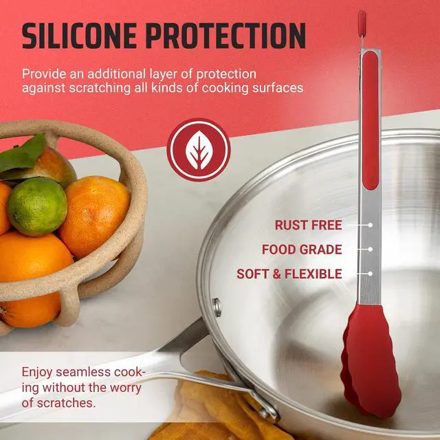 Alt view image 3 of 7 - Kitchen Tongs for Cooking Grilling Set of 4, BBQ Grill Tongs With Silicone Tip Stainless Steel Heat Resistant, Non-stick Pull Lock, Incl 7, 9, 12 Inch Tong Plus a Silicone Spatula