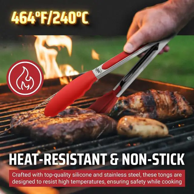 Alt view image 4 of 7 - Kitchen Tongs for Cooking Grilling Set of 4, BBQ Grill Tongs With Silicone Tip Stainless Steel Heat Resistant, Non-stick Pull Lock, Incl 7, 9, 12 Inch Tong Plus a Silicone Spatula
