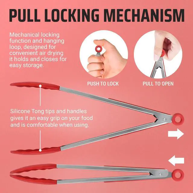 Alt view image 6 of 7 - Kitchen Tongs for Cooking Grilling Set of 4, BBQ Grill Tongs With Silicone Tip Stainless Steel Heat Resistant, Non-stick Pull Lock, Incl 7, 9, 12 Inch Tong Plus a Silicone Spatula