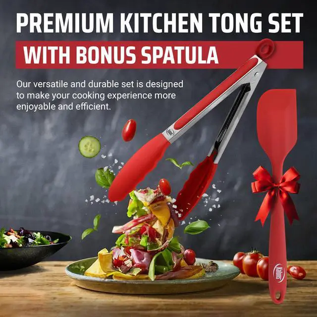 Alt view image 7 of 7 - Kitchen Tongs for Cooking Grilling Set of 4, BBQ Grill Tongs With Silicone Tip Stainless Steel Heat Resistant, Non-stick Pull Lock, Incl 7, 9, 12 Inch Tong Plus a Silicone Spatula