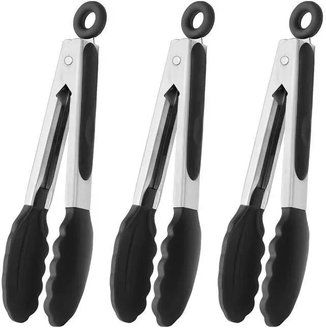 Main image of Mini Tongs with Silicone Tips 7-Inch Kitchen Tongs, Set of 3 (Black)