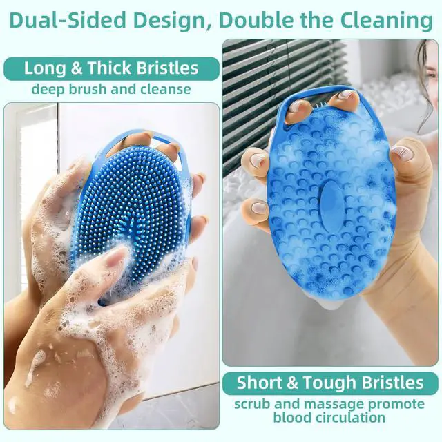 Alt view image 3 of 7 - Silicone Body Scrubber 4 Pack, Double-Sided Silicone Loofah Shower Body Scrubber for Men & Women, Soft Exfoliating Silicone Bath Scrubber with Hanging Handle, Quick Foaming Body Wash Scrubber 4 colors