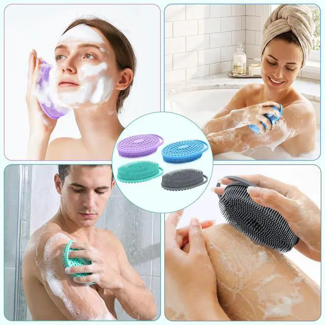 Alt view image 6 of 7 - Silicone Body Scrubber 4 Pack, Double-Sided Silicone Loofah Shower Body Scrubber for Men & Women, Soft Exfoliating Silicone Bath Scrubber with Hanging Handle, Quick Foaming Body Wash Scrubber 4 colors