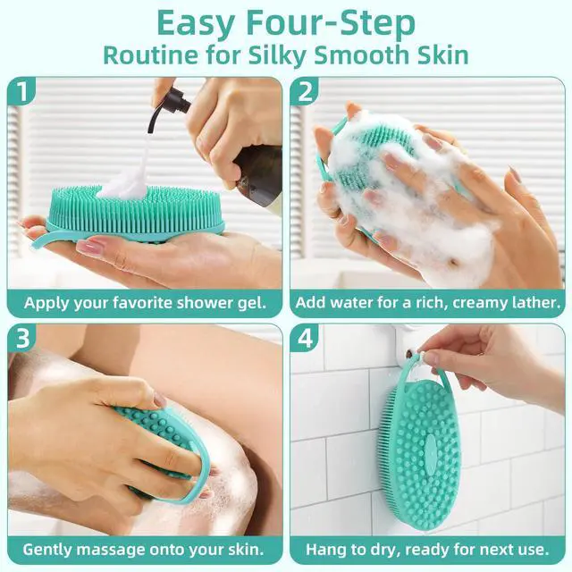 Alt view image 7 of 7 - Silicone Body Scrubber 4 Pack, Double-Sided Silicone Loofah Shower Body Scrubber for Men & Women, Soft Exfoliating Silicone Bath Scrubber with Hanging Handle, Quick Foaming Body Wash Scrubber 4 colors