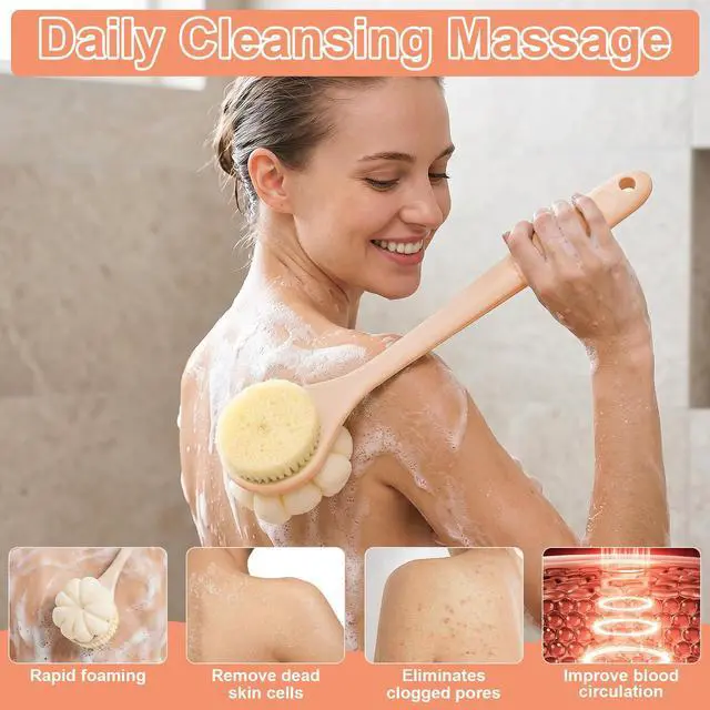 Alt view image 2 of 7 - Back Scrubber for Shower with Long Handle, Double-Sided Shower Brush for Body, Loofah Back Scrubber & Bristle Bath Brush, Back Brush for Shower Exfoliating Hard-to-Reach Areas, Bath Brush Long Handle