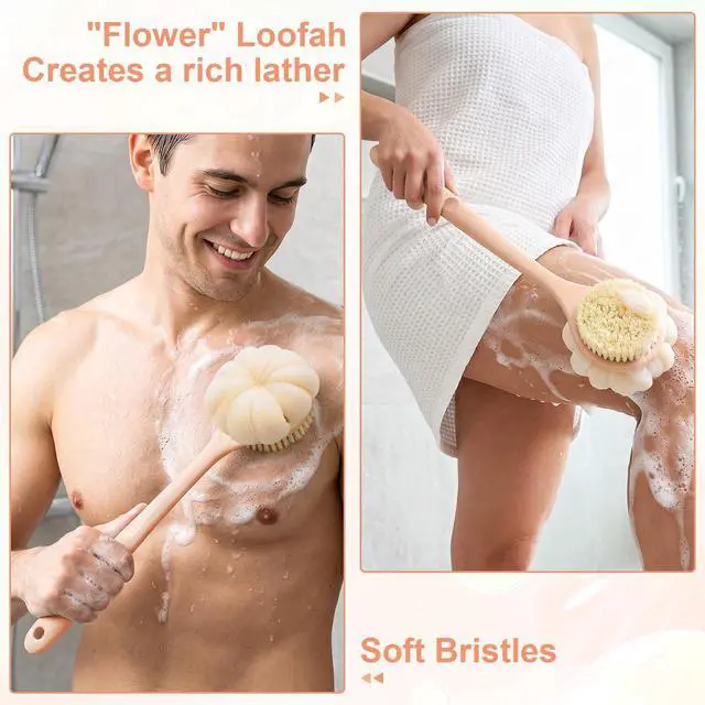 Alt view image 4 of 7 - Back Scrubber for Shower with Long Handle, Double-Sided Shower Brush for Body, Loofah Back Scrubber & Bristle Bath Brush, Back Brush for Shower Exfoliating Hard-to-Reach Areas, Bath Brush Long Handle