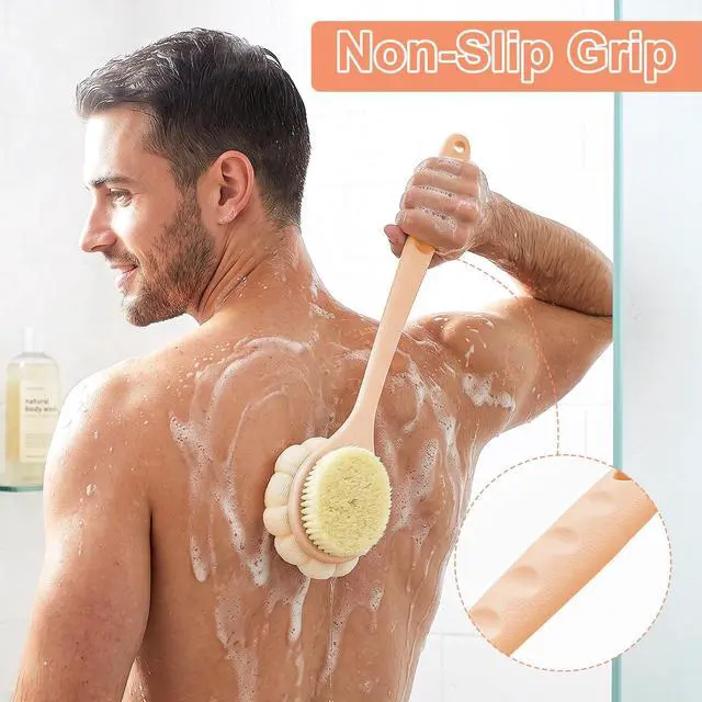 Alt view image 5 of 7 - Back Scrubber for Shower with Long Handle, Double-Sided Shower Brush for Body, Loofah Back Scrubber & Bristle Bath Brush, Back Brush for Shower Exfoliating Hard-to-Reach Areas, Bath Brush Long Handle