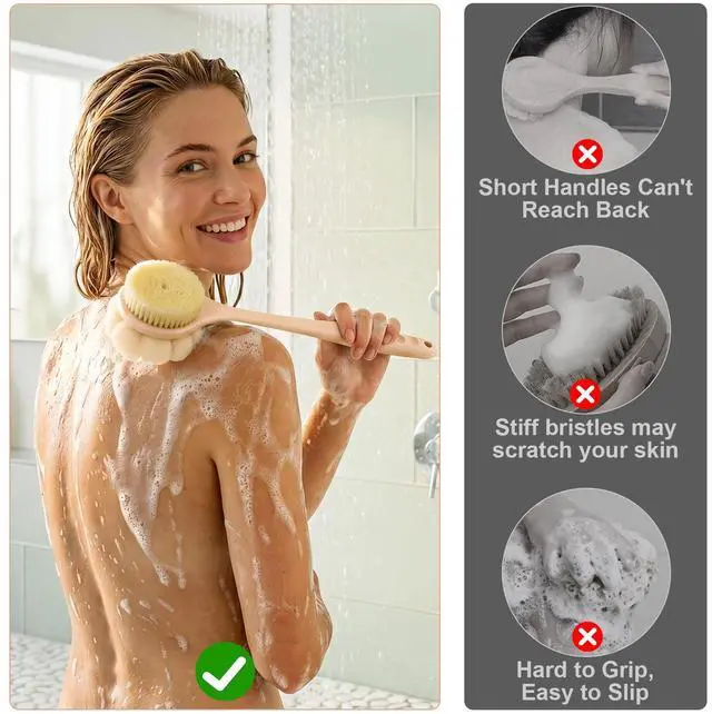 Alt view image 6 of 7 - Back Scrubber for Shower with Long Handle, Double-Sided Shower Brush for Body, Loofah Back Scrubber & Bristle Bath Brush, Back Brush for Shower Exfoliating Hard-to-Reach Areas, Bath Brush Long Handle