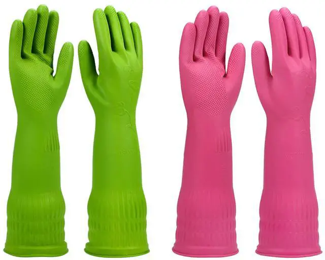 Main image of Dishwashing gloves 2 Pairs for kitchen,Rubber cleaning gloves,Long dish gloves reuseable.(Small,Green+Pink)