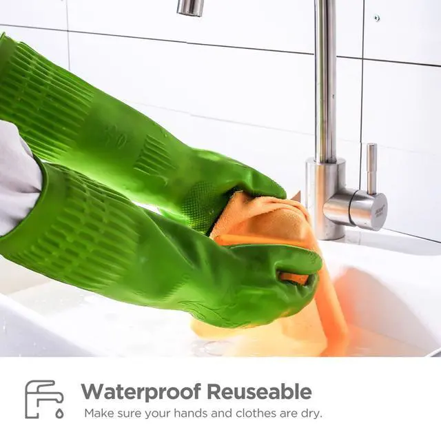 Alt view image 3 of 7 - Dishwashing gloves 2 Pairs for kitchen,Rubber cleaning gloves,Long dish gloves reuseable.(Small,Green+Pink)
