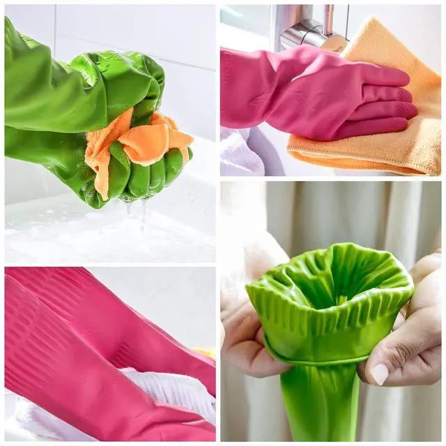 Alt view image 4 of 7 - Dishwashing gloves 2 Pairs for kitchen,Rubber cleaning gloves,Long dish gloves reuseable.(Small,Green+Pink)