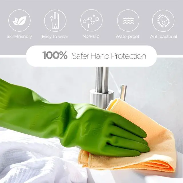 Alt view image 7 of 7 - Dishwashing gloves 2 Pairs for kitchen,Rubber cleaning gloves,Long dish gloves reuseable.(Small,Green+Pink)