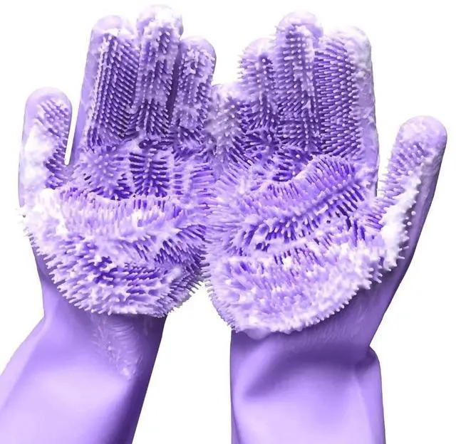 Main image of Reusable Silicone Dishwashing Gloves, Rubber Scrubbing Gloves for Dishes,Wash Cleaning Brush with Sponge Scrubbers for Housework, Kitchen, Car, Window cleaning. 1Pair (13.6" Large) (purple)