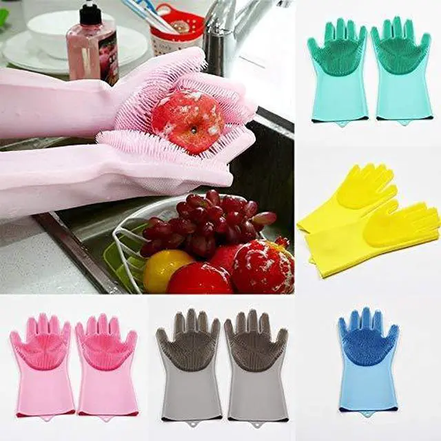 Alt view image 3 of 6 - Reusable Silicone Dishwashing Gloves, Rubber Scrubbing Gloves for Dishes,Wash Cleaning Brush with Sponge Scrubbers for Housework, Kitchen, Car, Window cleaning. 1Pair (13.6" Large) (purple)