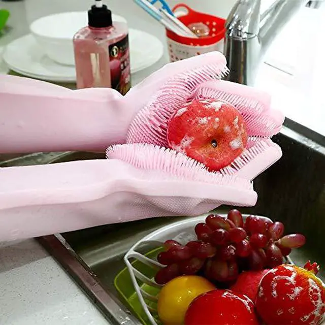 Alt view image 4 of 6 - Reusable Silicone Dishwashing Gloves, Rubber Scrubbing Gloves for Dishes,Wash Cleaning Brush with Sponge Scrubbers for Housework, Kitchen, Car, Window cleaning. 1Pair (13.6" Large) (purple)