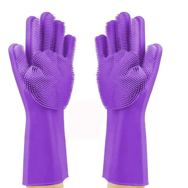 Alt view image 2 of 6 - Reusable Silicone Dishwashing Gloves, Rubber Scrubbing Gloves for Dishes,Wash Cleaning Brush with Sponge Scrubbers for Housework, Kitchen, Car, Window cleaning. 1Pair (13.6" Large) (purple)