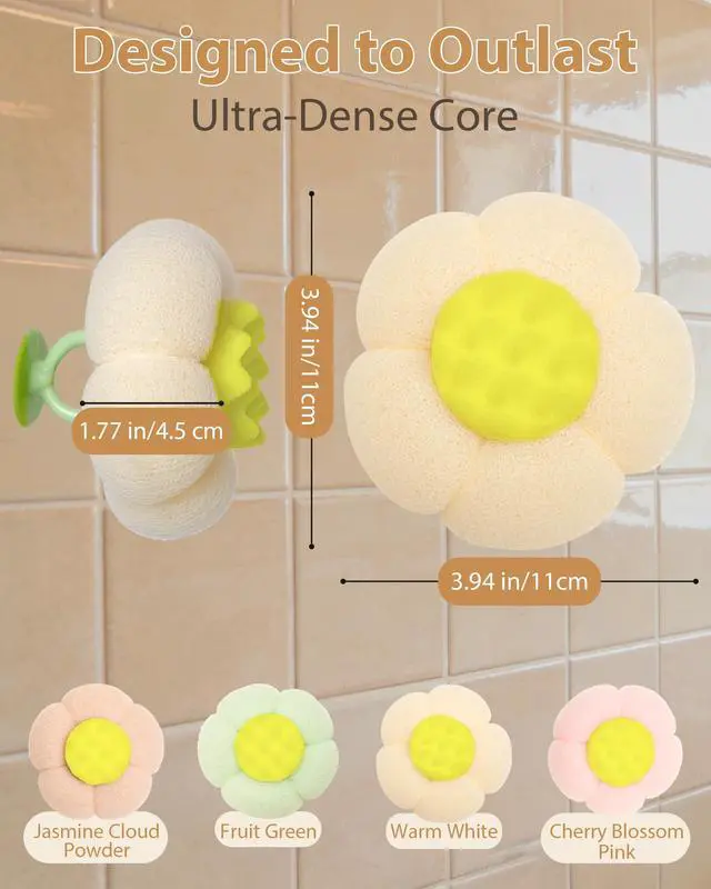 Alt view image 6 of 7 - 4 Pcs Bath Sponge, 2026 Upgrade Super Soft Yellow Flower-Shaped Suction Cup Bath Sponge, Upgraded 2-in-1 Flower-Shaped Ball Exfoliating Bath loofah Cleaning Brush, Mesh Shower Body Sponger4 Color