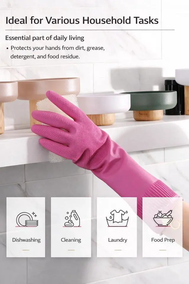Alt view image 3 of 6 - 2 Pairs Pink Rubber Cleaning Gloves, Reusable Kitchen Dishwashing Gloves with Hanging Loop ((Pink, Medium (Pack of 2)))