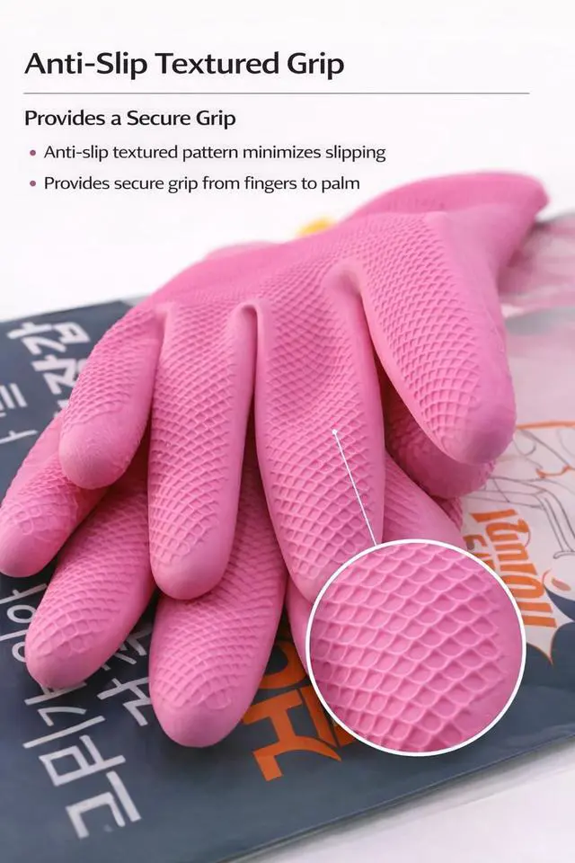 Alt view image 5 of 6 - 2 Pairs Pink Rubber Cleaning Gloves, Reusable Kitchen Dishwashing Gloves with Hanging Loop ((Pink, Medium (Pack of 2)))