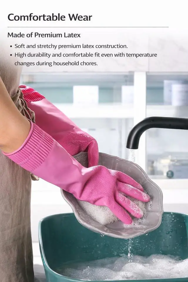 Alt view image 4 of 6 - 2 Pairs Pink Rubber Cleaning Gloves, Reusable Kitchen Dishwashing Gloves with Hanging Loop ((Pink, Medium (Pack of 2)))
