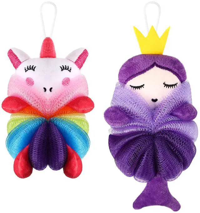 Main image of 2 Pcs Bath Loofahs Kids Toddler Cute Cartoon Bath Sponges Loofah Pouf Body Scrubber Mesh Sponges for Children Shower Washing Exfoliating(Unicorn, Princess)