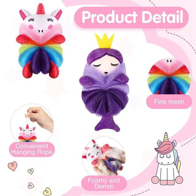 Alt view image 3 of 6 - 2 Pcs Bath Loofahs Kids Toddler Cute Cartoon Bath Sponges Loofah Pouf Body Scrubber Mesh Sponges for Children Shower Washing Exfoliating(Unicorn, Princess)