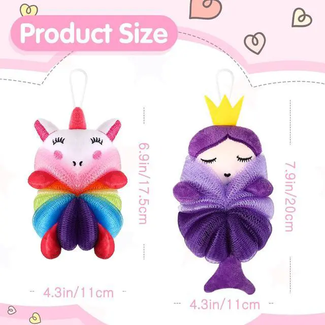 Alt view image 2 of 6 - 2 Pcs Bath Loofahs Kids Toddler Cute Cartoon Bath Sponges Loofah Pouf Body Scrubber Mesh Sponges for Children Shower Washing Exfoliating(Unicorn, Princess)