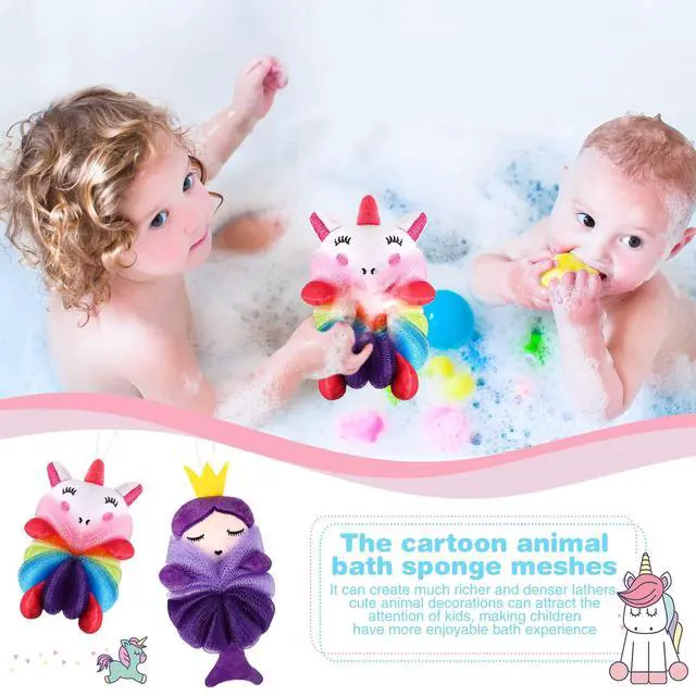 Alt view image 4 of 6 - 2 Pcs Bath Loofahs Kids Toddler Cute Cartoon Bath Sponges Loofah Pouf Body Scrubber Mesh Sponges for Children Shower Washing Exfoliating(Unicorn, Princess)