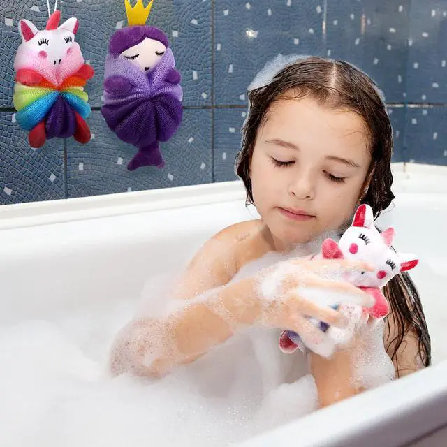 Alt view image 5 of 6 - 2 Pcs Bath Loofahs Kids Toddler Cute Cartoon Bath Sponges Loofah Pouf Body Scrubber Mesh Sponges for Children Shower Washing Exfoliating(Unicorn, Princess)