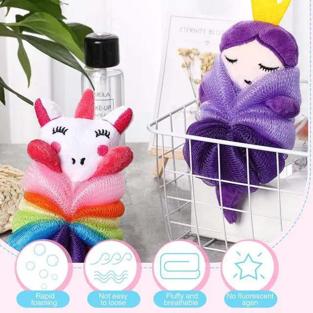 Alt view image 6 of 6 - 2 Pcs Bath Loofahs Kids Toddler Cute Cartoon Bath Sponges Loofah Pouf Body Scrubber Mesh Sponges for Children Shower Washing Exfoliating(Unicorn, Princess)