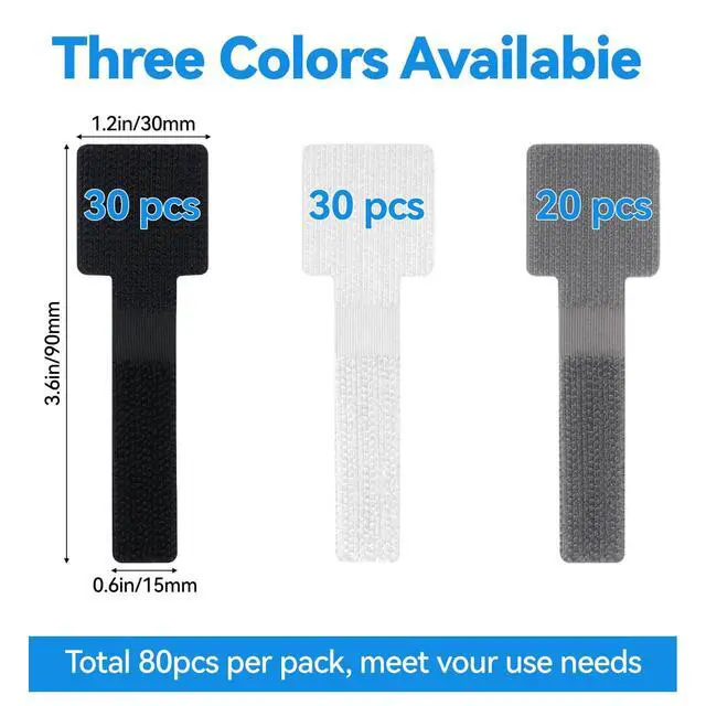 Alt view image 2 of 7 - 80 Pcs Cable Management Under Desk, Cord Organizer, Reusable Hook and Loop Cable Ties, Computer Accessories for Desk, Home Office Essentials, Black, White, Grey