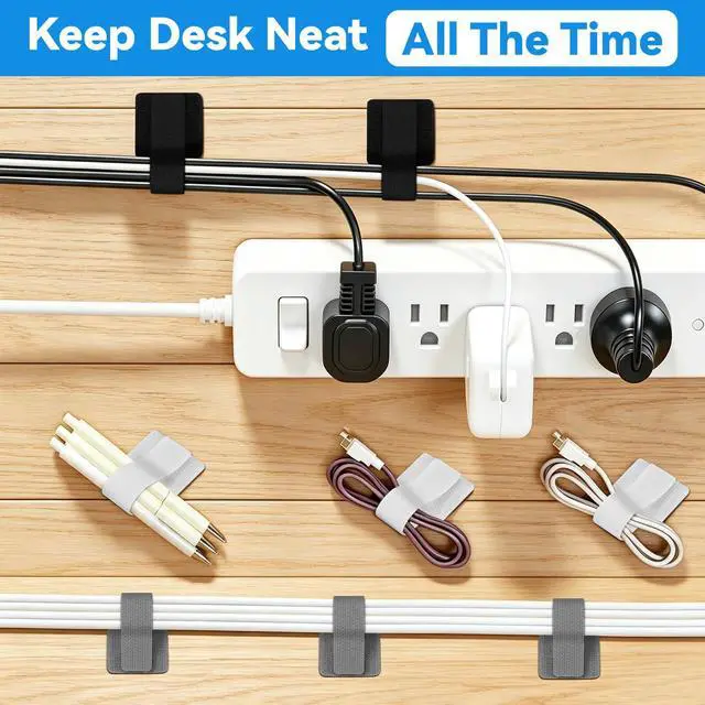 Alt view image 3 of 7 - 80 Pcs Cable Management Under Desk, Cord Organizer, Reusable Hook and Loop Cable Ties, Computer Accessories for Desk, Home Office Essentials, Black, White, Grey