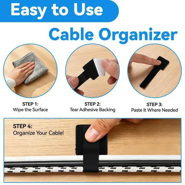 Alt view image 4 of 7 - 80 Pcs Cable Management Under Desk, Cord Organizer, Reusable Hook and Loop Cable Ties, Computer Accessories for Desk, Home Office Essentials, Black, White, Grey