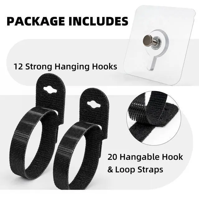 Alt view image 3 of 6 - Cord Organizer with Adhesive Hooks, Reusable Cable Management for Desk & TV, Adjustable Hook and Loop Cable Ties, Easy Install & Remove, Under Desk Wire Organizer -12 Hooks + 20 x 5 Straps
