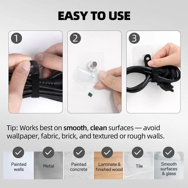Alt view image 4 of 6 - Cord Organizer with Adhesive Hooks, Reusable Cable Management for Desk & TV, Adjustable Hook and Loop Cable Ties, Easy Install & Remove, Under Desk Wire Organizer -12 Hooks + 20 x 5 Straps