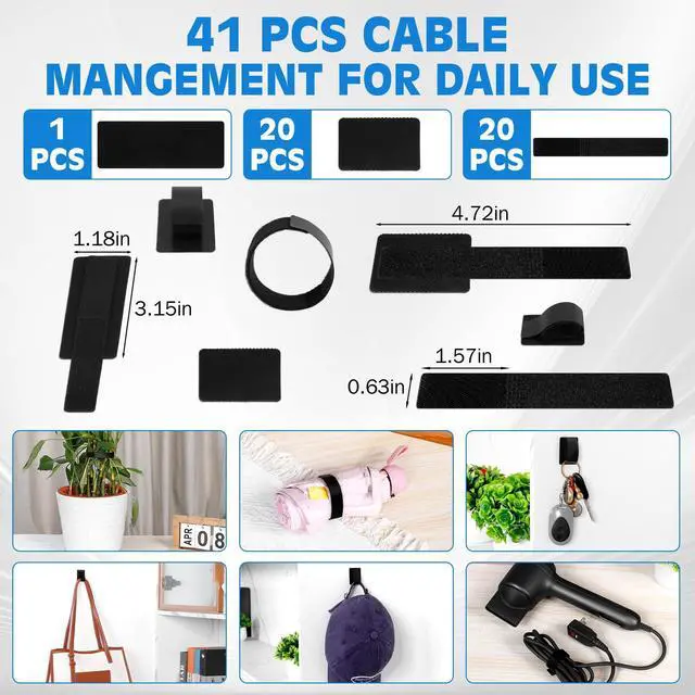 Alt view image 2 of 7 - Cable Management Under Desk, Up to 15 Cord, 41 PCS Enhanced Wire Holder Cord Organizer, Adjustable Hook and Loop Cable Ties, Reusable Cord Holder, Cable Hider Clips Under Table