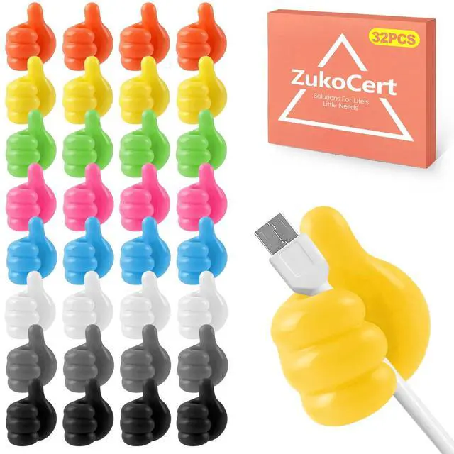 Main image of 32-Pack Thumbs-Up Self-Adhesive Hooks Multi-Use Cable & Cord Organizers for Home Office, Kids Rooms & Walls (Silicone Material, Vibrant Multi-Color, No Drilling Needed)