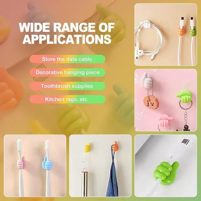 Alt view image 6 of 6 - 32-Pack Thumbs-Up Self-Adhesive Hooks Multi-Use Cable & Cord Organizers for Home Office, Kids Rooms & Walls (Silicone Material, Vibrant Multi-Color, No Drilling Needed)