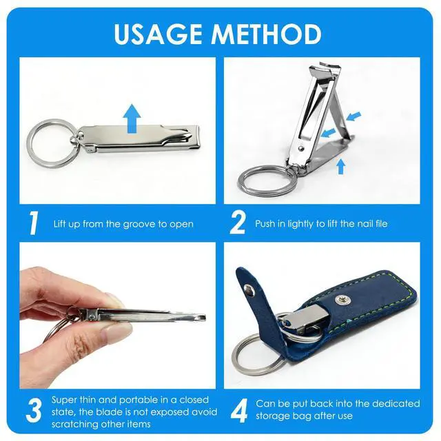 Alt view image 3 of 7 - Stainless Steel Keychain Nail Clippers with Leather Case, Mini and Ultra Thin Folding Keychain Nail Cutter with File, Travel Essential for Men and Women