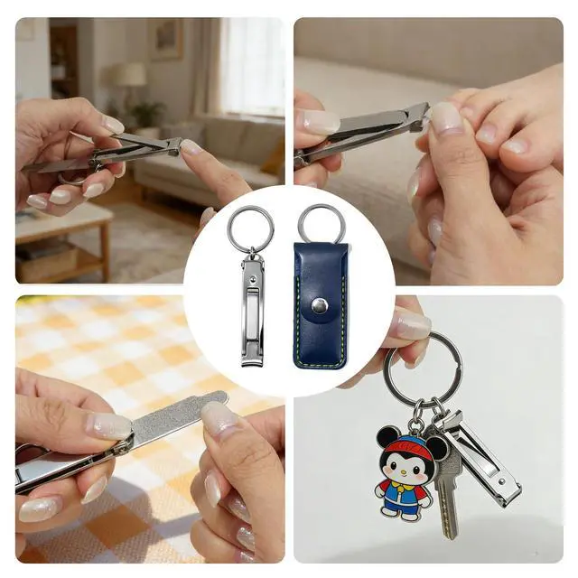 Alt view image 5 of 7 - Stainless Steel Keychain Nail Clippers with Leather Case, Mini and Ultra Thin Folding Keychain Nail Cutter with File, Travel Essential for Men and Women