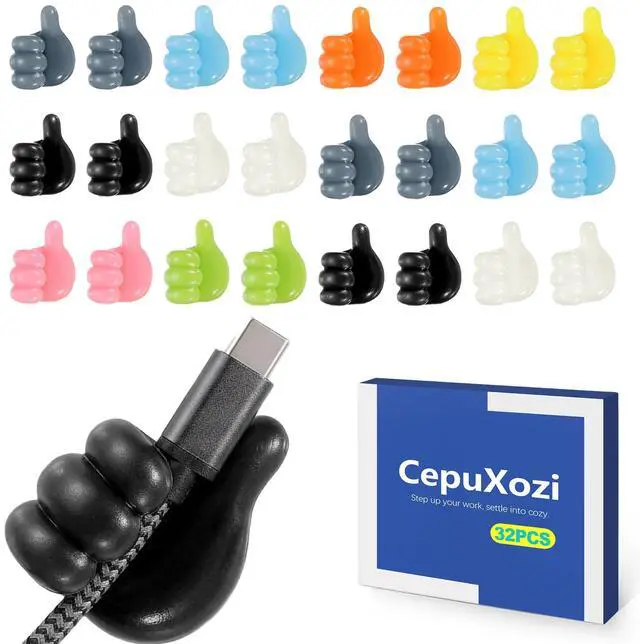 Main image of 32 Pack Creative Thumbs Up Shape Wall Hook, Self-Adhesive Silicone Thumb Holder, Cute Cable Clips & Wire Holders for The Wall, Cord Hooks for Charging Cables, Pencil Holder for Desk Kids