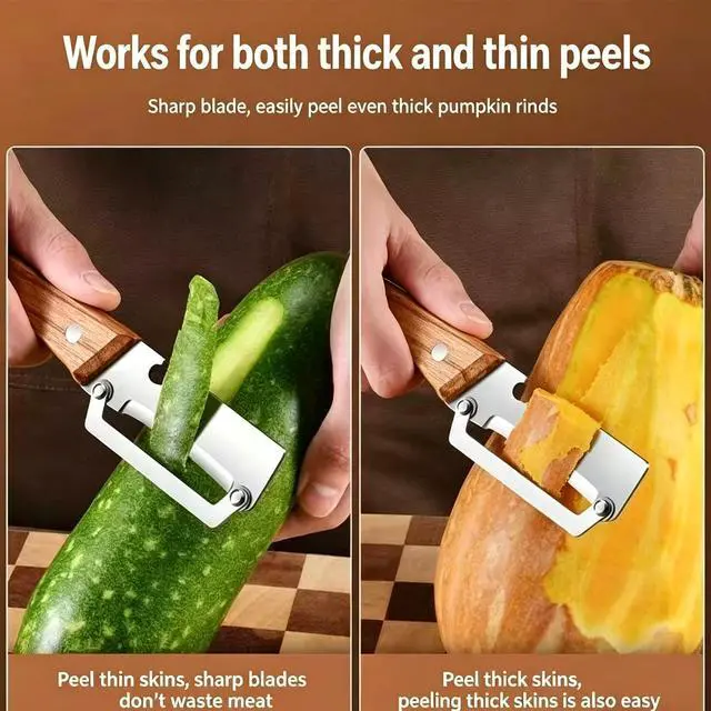 Alt view image 3 of 7 - 2 in 1 Multi Functional Vegetable Peeler for KitchenVegetable Peeler with Wooden Handle and Bottle Opener, Stainless Steel Blade Kitchen Tool for Fruit Apple Carrot Potato Pumpkin Papaya(2PCS)