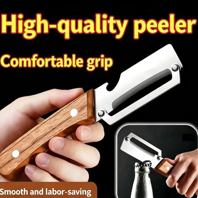 Alt view image 4 of 7 - 2 in 1 Multi Functional Vegetable Peeler for KitchenVegetable Peeler with Wooden Handle and Bottle Opener, Stainless Steel Blade Kitchen Tool for Fruit Apple Carrot Potato Pumpkin Papaya(2PCS)