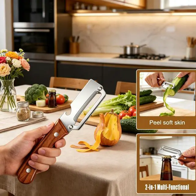 Alt view image 5 of 7 - 2 in 1 Multi Functional Vegetable Peeler for KitchenVegetable Peeler with Wooden Handle and Bottle Opener, Stainless Steel Blade Kitchen Tool for Fruit Apple Carrot Potato Pumpkin Papaya(2PCS)